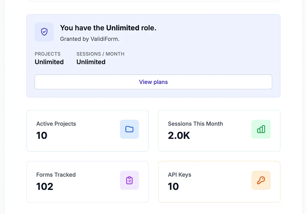 Validiform's dashboard with button tabs for active projects, sessions this month, forms tracked, and API keys used.