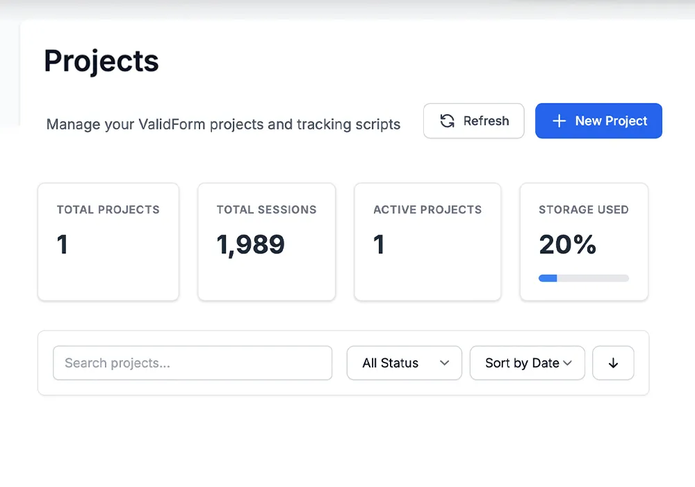 Validform's project tab, showing number of total projects, total sessions, active projects, and storage used percentage.
